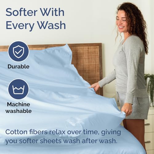 Twin XL Sheet Set - 100% Cotton Sheets - 3 Piece Twin XL Size Cotton Bed Set with Deep Pockets up to 16 Inches - Soft, Breathable & Cooling - Fade and Stain Resistant - Machine Washable - Light Blue CGK Unlimited