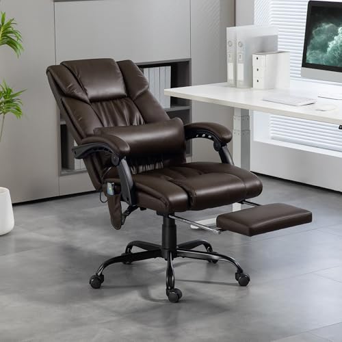 Vinsetto High Back Massage Office Chair with 6 Vibration Points, PU Leather Reclining Computer Chair, Ergonomic Desk Chair with Footrest Adjustable Height and Remote, Brown Vinsetto