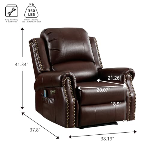 EBELLO Power Recliner Chair with Massage and Heat, Faux Leather Electric Massage Reclining Chair for Adults with Overstuffed Backrest and Side Pocket, Single Sofa for Living Room, Red Brown