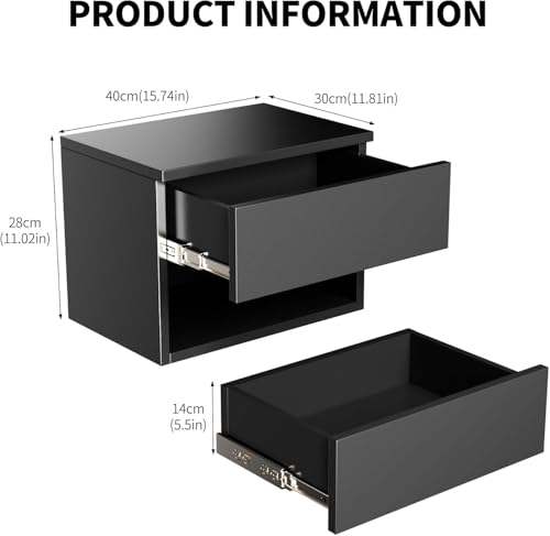 Floating Nightstand, Modern Wall Mounted Bedside Table with Drawer, Wood Bedside Shelf & Desk, End Table Wood Modern Night Stand for Bedroom (Black UI1, Set of 2) Kiseely