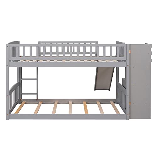Ball & Cast Twin Over Twin Size Bunk Bed with Two Drawers and Slide,Wood Bunkbed w/Full-Length Guardrails & Storage Convertible Ladder,Space Saving,Slat Support,Bedframe for Child's BedroomGray Ball & Cast