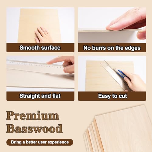 60 Pack Basswood Sheets for Laser Cutting, 12 x 12 x 1/8 Inch, Unfinished Squares Wood Sheets for Crafts - Smooth Surface Plywood for Wood Burning, Engraving, Architectural Models, Painting & Staining XSEINO