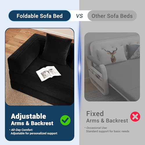 Cloud Boneless Convertible Sofa Bed, 4-in-1 Foldable Compressed High-Density Sponge Sofa, 70" Corduroy Fabric 3 Seater Sleeper Couch Futon Daybed for Living Room Bedroom (Black) Living&Giving
