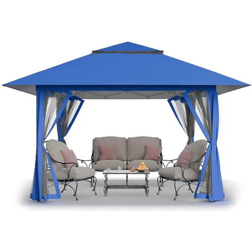 CROWN SHADES 13x13 Pop Up Gazebo, Canopy Tent, Gazebos on Clearance - Outdoor Gazebo for Backyard & Patio Furniture - Carpa Pop Up Tent with Wheeled STO-N-Go Cover Bag (Blue) CROWN SHADES