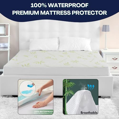 Bamboo Mattress Protector with Zipper - 100% Waterproof Queen Size Cooling Mattress Cover - Ultra Soft Jacquard Fabric Breathable Noiseless Mattress Pad Covers - Zippered Mattress Encasement DreamField Linen