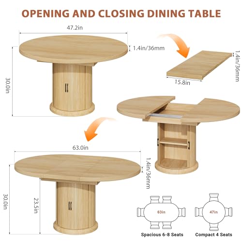 Jocoevol 47β³β63β³ Extendable Round Dining Table for 4β8 with Dust-Proof 2-Tier Storage Shelf Space-Saving Expandable Dining Room Table Wood Oval Circle Dining Table with Pedestal Base (Natural) Jocoevol