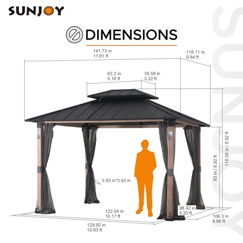 Sunjoy Hardtop Gazebo 10 x 12 ft. Outdoor Patio Gazebo with LED Lights (Batteries Operated), Remote Control and Netting, Black Sunjoy