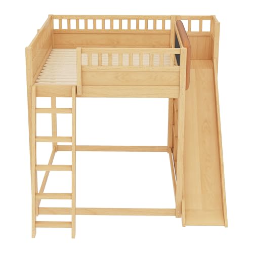 Bellemave Bunk beds Full Over Full with Slide and Stair and upholstered headboard, Low bunk/loft Bed for Kids,Natural Bellemave