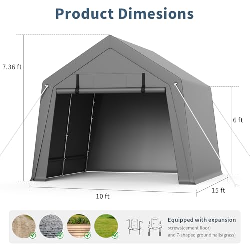 ChicCoutured 10x15FT Portable Outdoor Garage, Waterproof & UV-Resistant Portable Storage Shed with 2 Roll-Up Doors, Carport Tent for Motorcycle, Bike, and Tools ChicCoutured