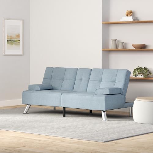 Best Choice Products Linen Modern Folding Futon, Reclining Sofa Bed for Apartment, Dorm w/Removable Armrests, 2 Cupholders - Light Blue Best Choice Products