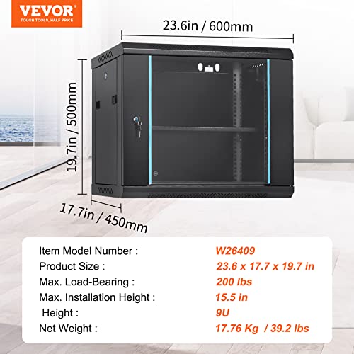 VEVOR 9U Wall Mount Network Server Cabinet, 15.5'' Deep, Server Rack Cabinet Enclosure, 200 lbs Max. Ground-Mounted Load Capacity, with Locking Glass Door Side Panels, for IT Equipment, A/V Devices VEVOR