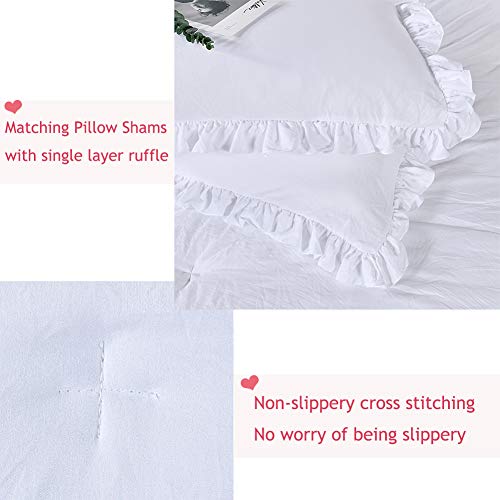 Masaca White Ruffled Comforter Set Queen,Lightweight Farmhouse Shabby Boho Chic White Bedding,Ultra Soft Fluffy Washed Microfiber Bed Comforter Set 3-Piece (1 White Comforter+2 Ruffle Pillow Shams) Masaca