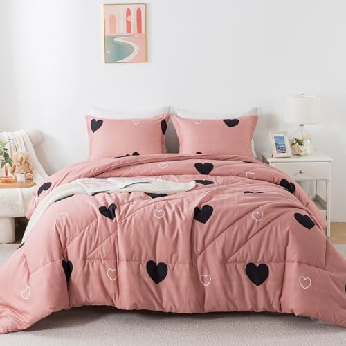 Caressma Love Pattern Girls Pink Comforter Set Twin Size, Cameo Brown Cute Love Heart Print Sexy Comforter Bedding Set for All Seasons, Geometric Soft Microfiber Comforter Set with Pillowcase Caressma