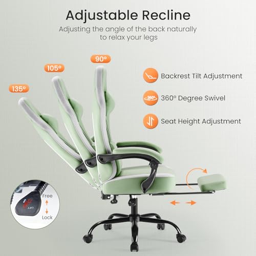 Sweetcrispy Computer Gaming Chair - High Back Ergonomic Desk Chair with Footrest and Lumbar Support, Height Adjustable Task Chair with Linkage Armrests and Headrest, 360° Swivel Wheels, Green Sweetcrispy