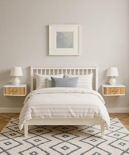 SUMGAR Floating Nightstand Set of 2 White Night Stand Boho Bedside Table Organiser Small Spaces Wall Mounted Shelf Storage with Drawers Wood Bamboo Natural Hanging Furniture for Bedroom Home Decor SUMGAR