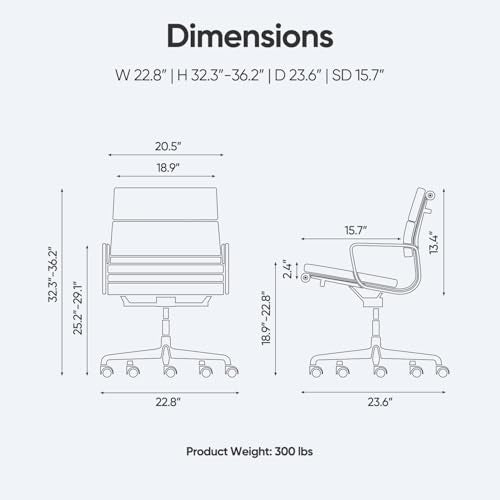 Aekinsly Top Grain Leather Mid-Back Executive Office Chair, Ergonomic Desk Chair with Aluminum Alloy Frame & 5-Star Base, Thick Plush Cushion, Lumbar Support Swivel Chair for Home Office Aekinsly