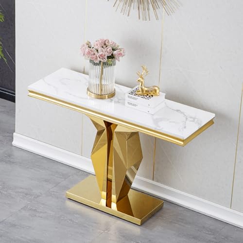 Henf Faux Marble Console Table Luxury White Marble Entryway Table with Gold Mirrored Stainless Steel Base, Elegant Accent Sofa Table for Living Room, Hallway, Foyer, Corridor (Gold & White) Henf