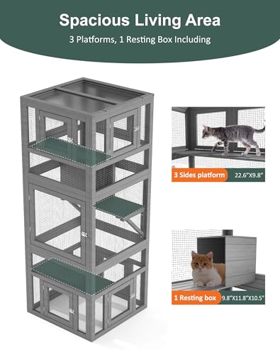 TIMHAKA Catio Indoor Cat Enclosure, 3 Tiers Cat Enclosure with Platform, Resting Box and 8 Removable Door can Connect with Cats Tunnel, Luxurious Playground with Waterproof Cover, DIY Wood Cats Cage TIMHAKA