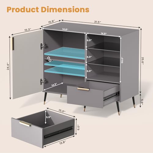 MODNEST 31" Fluted Sideboard Cabinet with Door and Drawer, Sideboard Buffet Cabinet with Storage, Coffee Bar with Adjustable Shelves for Kitchen, Living Room, Entryway, 31.5"x15.7"x31.5", Grey MODNEST