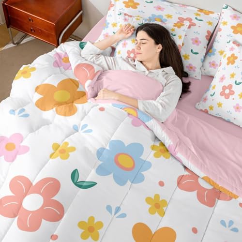 Erosebridal 7 Piece Cute Flower Comforter Sets with Sheets, Pink Floral Bedding Set Twin for Boys Sweet Girls Botanical Bed in A Bag Colorful Flowers Bed Set Erosebridal