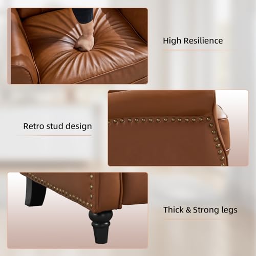 CANMOV Genuine Leather Recliner Chair, Push Back Recliner with Rivet Decoration and Tufted Back, Mid Century Wingback Accent Chair for Living Room, Bedroom, Office, Brown