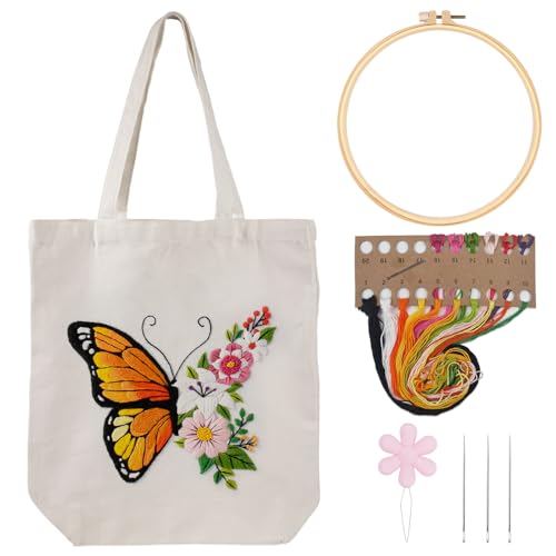 Louise Maelys Embroidery Kit Canvas Tote Bag for Beginners,Cross Stitch Kits for Adults,DIY Needlepoint with Butterfly Floral Pattern,Women Shopping Reusable Grocery Bags