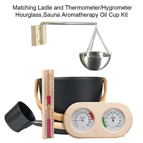 Augustusws Wooden Sauna Bucket with Ladle, 7L Luxurious Finnish Sauna Bucket Sauna Spa Accessories with Ladle Hourglass Thermometer Hygrometer Sauna Aromatherapy Oil Cup Kit Augustusws