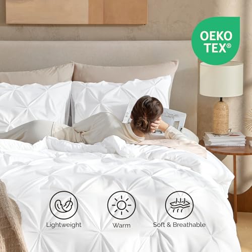 Andency White King Size Comforter Set(104x90Inch), 3 Pieces Cute Soft Pinch Pleat Bedding Comforters & Sets, All Season Lightweight Down Alternative Bed Set for Men Women Andency
