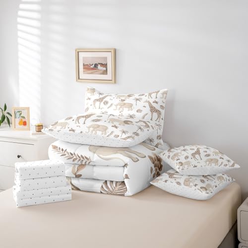 Feelyou Kids Jungle Animals Comforter Set Twin Size Elephant Lion Giraffe Bedding Sets Boys Teens African Safari Animal Bed in a Bag with 2 Pillowcases,Brown Feelyou