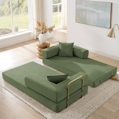 Antetek 78" Convertible Futon Sofa Bed, 3-Seater Modern Corduroy Foam Floor King Size Bed Foldable Sleeper Lounge Loveseat Sofa Couch with 2 Throw Pillows for Living Room Bedroom Guest Room, Green Antetek