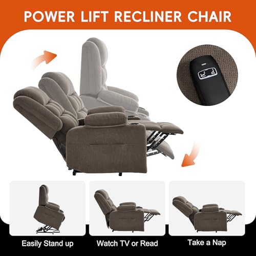 Ketaiyou Electric Power Lift Recliner Chair Sofa with Massage and Heat for Elderly, USB and Type-C Ports, Cup Holders, Infinite Position (Brown, Regular)