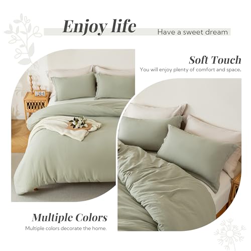 MILDLY Super Soft Duvet Cover - 100% Washed Microfiber October Mist Sage Comforter Cover Set 3 Pieces with Zipper Closure & Corner Ties (No Comforter) MILDLY