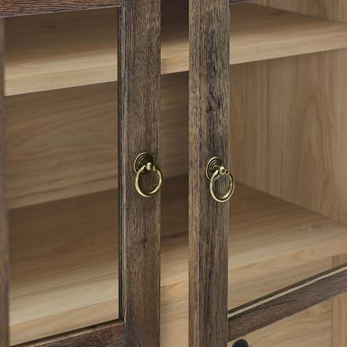Modway Nolan Modern Farmhouse 71 Inch Tall Arched Storage Display Cabinet in Walnut Hickory Wood Grain - 4-Tier Bookcase with Glass Doors and Shelves - Arch Accent Cabinet for Living Room Modway