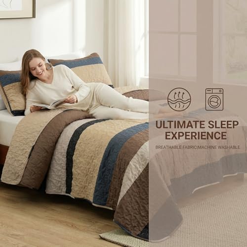 Whale Flotilla Full Queen Size Quilt Set - Reversible Camel Quilts Queen Size with 2 Pillow Shams, Lightweight Boho Striped Bedspreads Coverlet Bedding Set for All Seasons Whale Flotilla