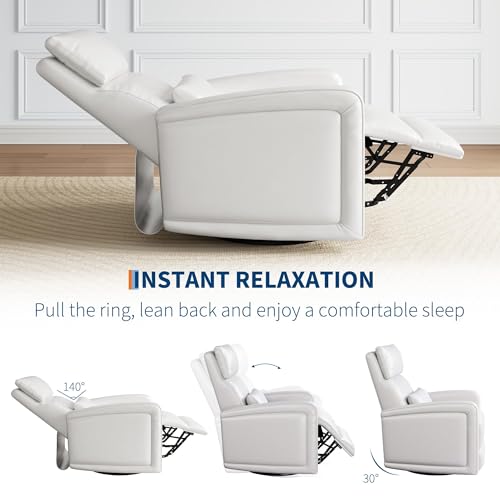 GarveeTech Adult Manual Recliner Chair with 360° Swivel, Faux Leather Reclining Sofa Rock, Adjustable Backrest and Footstool, Concealed Pull Lever, Modern Living Room Armchair, White
