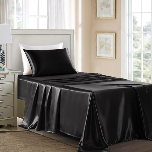 GOLAL Satin Sheets Twin Size - 3 Pieces Luxury Silky Soft Bed Sheets for Kids, Wrinkle-Free Black Satin Silk Sheet Set with 1 Deep Pocket Fitted Sheet, 1 Flat Sheet, 1 Pillow case GOLAL