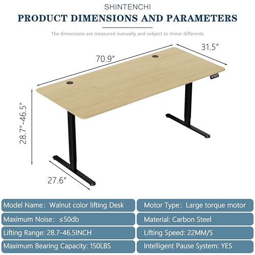 Shintenchi Standing Desk, 71x31 Inch Height Adjustable Electric Sit Stand up Desk, Ergonomic Rising Computer Table, Modern Lift Gaming Desk Workstation for Home Office, Walnut and Black Shintenchi