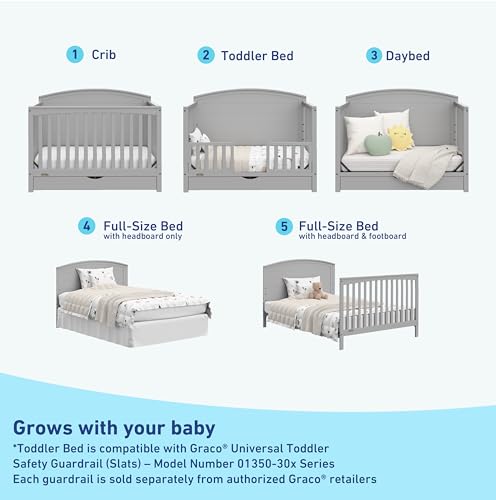 Graco Bellwood 5-in-1 Convertible Crib with Drawer (Pebble Gray) - GREENGUARD Gold Certified, Full-Size Storage Drawer, Converts to Toddler Bed and Full-Size Bed STORK CRAFT