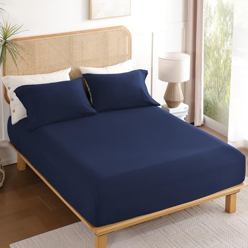 Dreava Twin Sheet Set 3 Piece, 16'' Deep Pocket Fitted Sheets Soft Breathable Microfiber Bed Sheets Luxury Hotel Bedding with Pillowcse Cooling, Wrinkle Free, Oeko-Tex Certified Bedsheets,Navy Blue Dreava