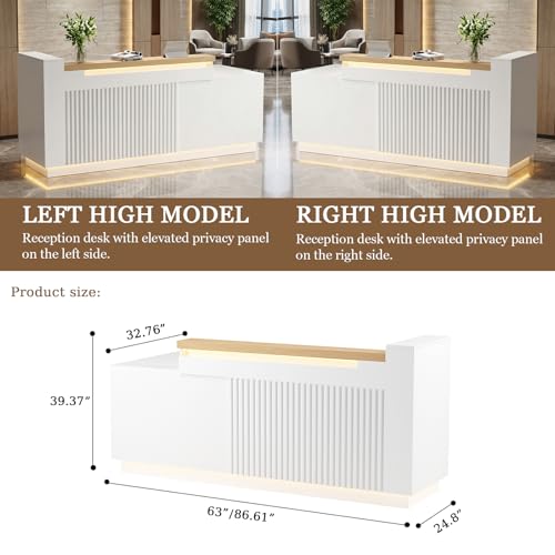 63" L-Shaped Front Desk with Built-in Outlets, Modern Reception Desk with LED Lights & Counter, White Checkout Counter with Lockable Drawers and Storage Shelves for Office, Salon, Retail and Lobby