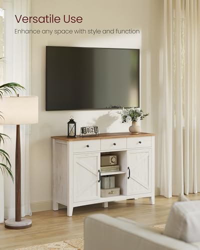 VASAGLE LIRY Collection - Buffet Cabinet, Coffee Bar Cabinet with 3 Drawers, Adjustable Shelves, Sideboard Storage with Cable Holes, Drawer Dividers, Rustic White and Honey Brown UBBK371W01V1 VASAGLE