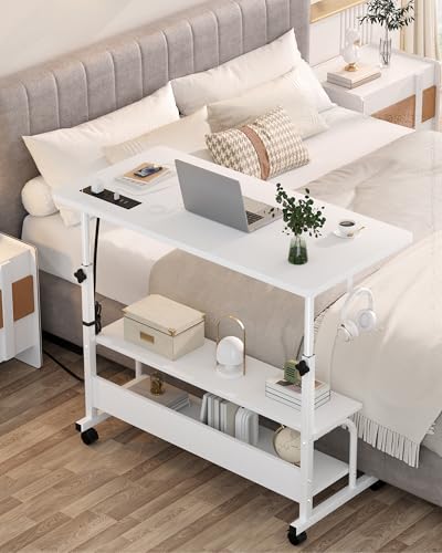 Armocity Height Adjustable Standing Desk with Power Outlets, 32" Manual Stand Up Desk with Storage Shelves Small Mobile Rolling Computer Desks Portable Laptop Table with Wheels for Home Office, White Armocity
