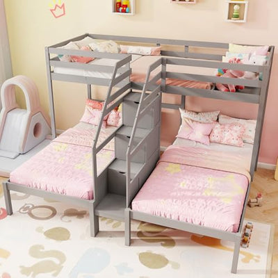 KOTEK Triple Bunk Bed with Stairs, Twin Over Twin & Twin Bunk Bed Frame with Guardrail & Storage, Wooden Bunkbeds for 3 Kids Teens, No Box Spring Needed (Grey)