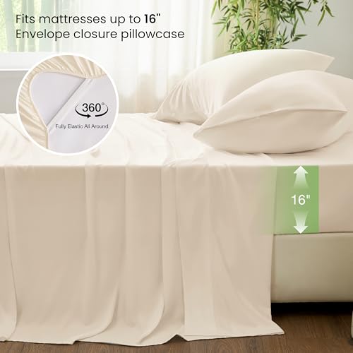 Love's cabin 4 Piece Queen Sheet Set, Cooling Sheets, 100% Rayon Derived from Bamboo, Breathable & Soft Queen Size Bed Set, Deep Pocket Up to 16", Hotel Luxury Silky Bedding Sheets, Beige Love's cabin