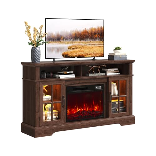 Breezestival 58" Fireplace TV Stand, Modern Entertainment Center for TVs Up to 70”, TV Console with Storage Cabinets, Media Console for Living Room, Brown TV Stand and Black Fireplace Breezestival