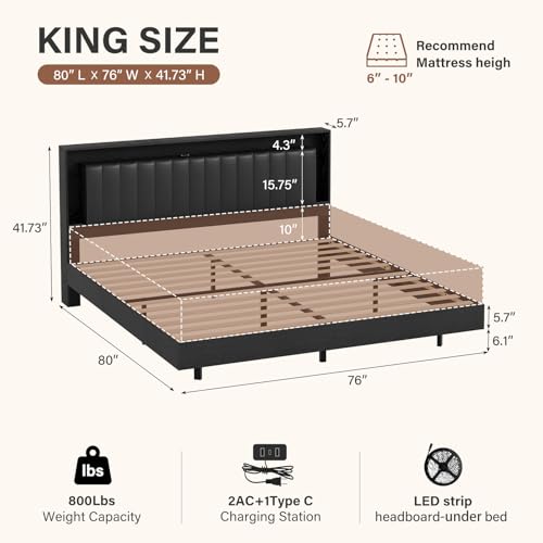 Belffin Floating Bed Frame King Size with LED Lights & Charging Station, Wooden Headboard with Hidden Storage and Faux Leather Backrest, Easy Cleaning, No Box Spring Needed, Noise-Free, Black Belffin
