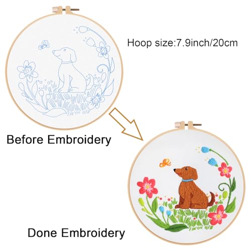Louise Maelys Dog Embroidery Kits for Beginners with Floral Pattern,Cross Stitch Kit for Adults DIY Needlepoint with Embroidery Instructions