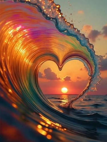 USZDL Sunset Landscape Diamond Art Kits for Adults,Wave Heart 5D Diamond Painting Kits for Beginners,Diamond Dots Round Full Drill Paint with Diamonds Pictures DIY Gem Art Painting Craft Kits 12x16in USZDL