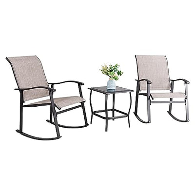 Vongrasig 3 Piece Outdoor Rocking Bistro Set, Textilene Fabric Small Patio Furniture Set, Front Porch Rocker Chairs Conversation Set with Glass Table for Lawn, Garden, Balcony, Poolside (Taupe)