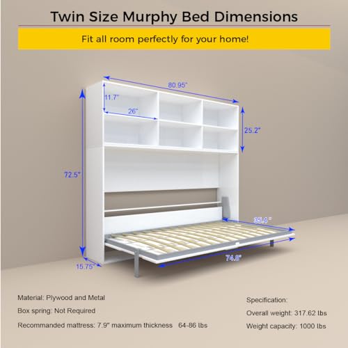 Jintop Twin Size Horizontal Murphy Bed with Double Layer Shelf Storage,Wood Wall Cabinet Hideaway Platform Bedframe W Gas Struts,for Bedroom or Guestroom,White Jintop